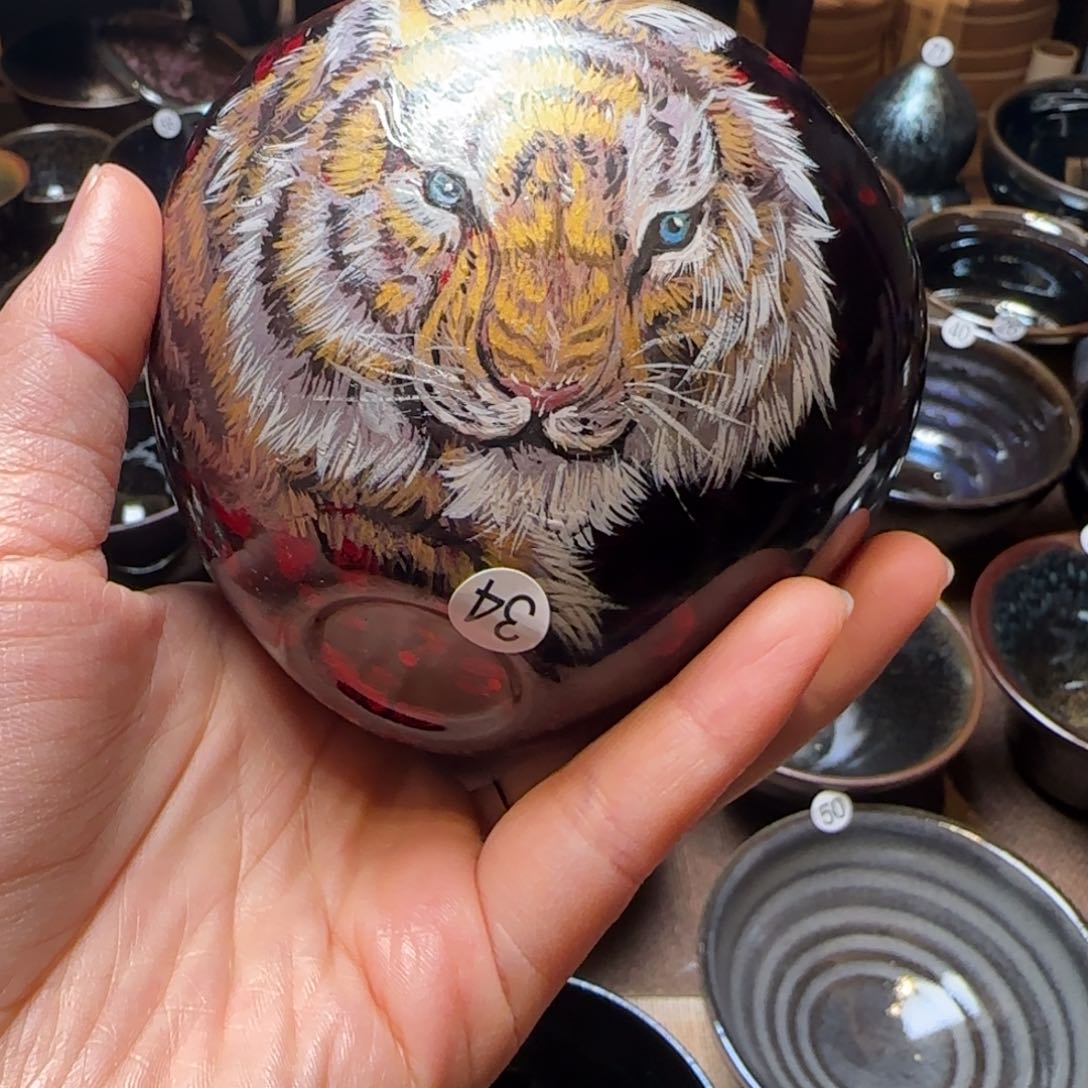 茶盏陈红老虎大漆手绘