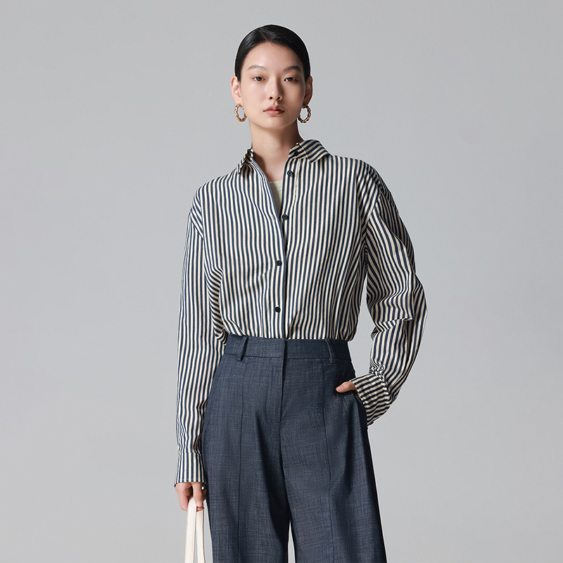 LANCY/朗姿2025年秋新款通勤气质撞色竖条纹长袖衬衫女高级感上衣