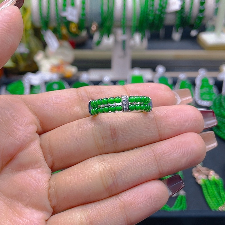 翡翠戒指银S925镶嵌圆珠戒圈2.5