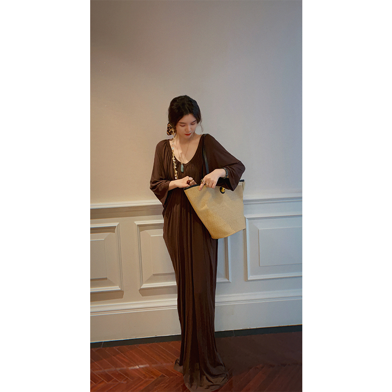 yanyan【泰兰德】茶歇高级显瘦大领口淡人穿搭慵懒连衣裙宽松长裙女