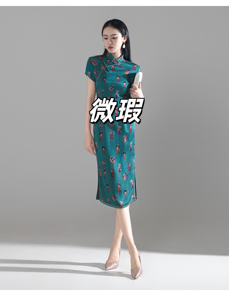 微瑕香云纱提花花萝时尚简约复古气质旗袍连衣裙00033
