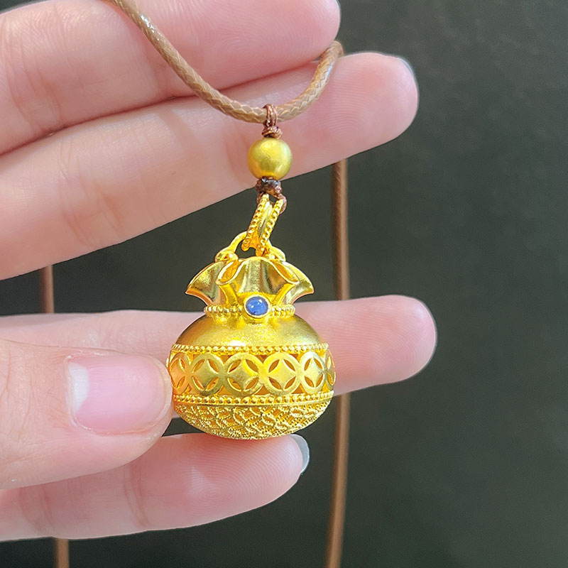 吊坠足银珐琅 古法花丝镂空金钱福袋吊坠女款财运送配绳