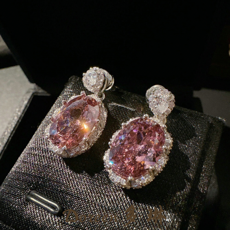 铜合金合成锆石耳饰 干枯玫瑰色椭圆耳环MK057