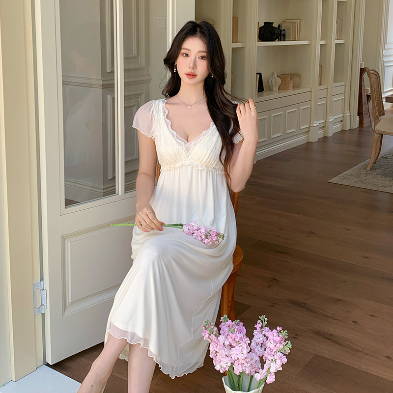 【芫玉睡裙】法式飘逸短袖网纱长裙可外穿家居睡裙-25WS0657-A