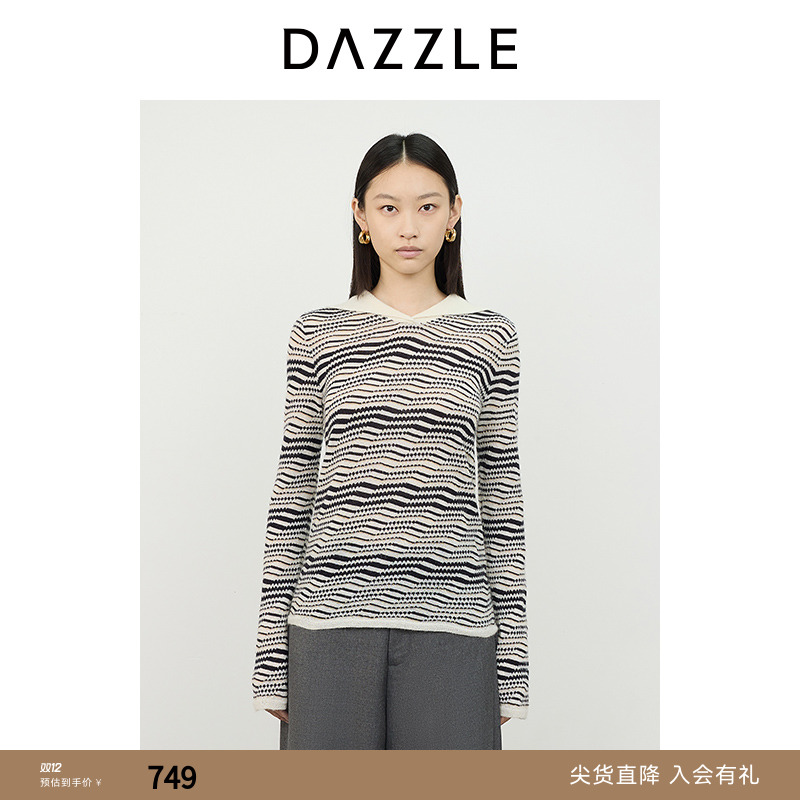 DAZZLE地素秋冬长袖时尚条纹女款毛针织衫提花小上衣2I4E4152B