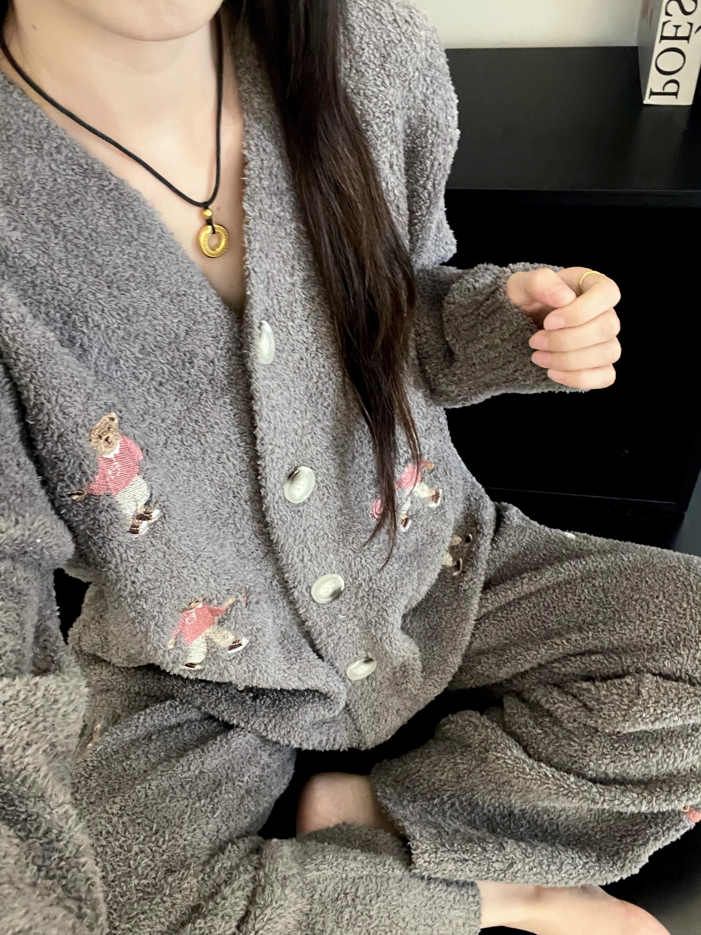 韩系可爱毛绒绒小熊针织半边绒睡衣女秋冬新款加厚保暖居家服套装