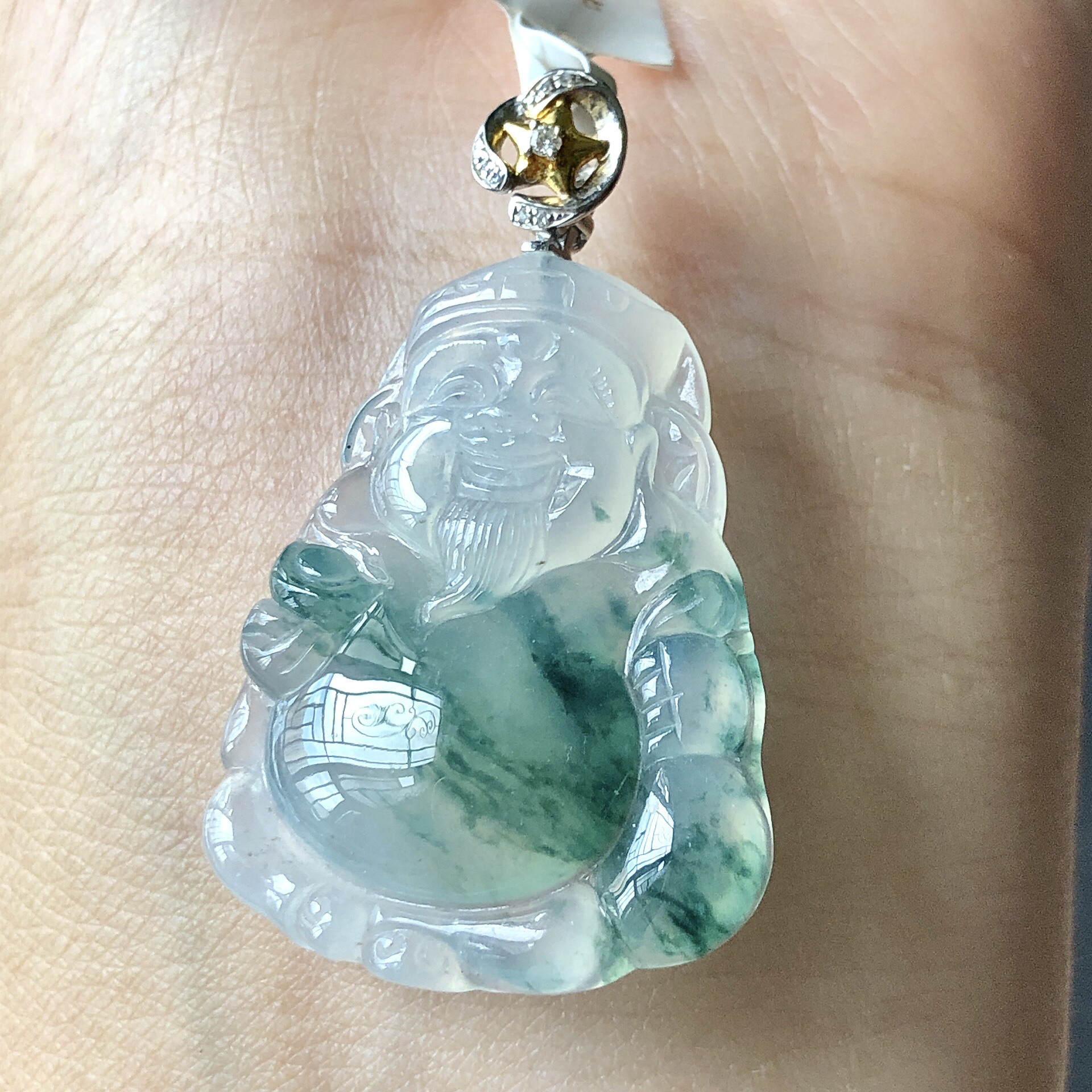 缅甸天然A货翡翠18k金镶嵌老坑冰种飘花财神吊坠尺寸37.6/23.8/6