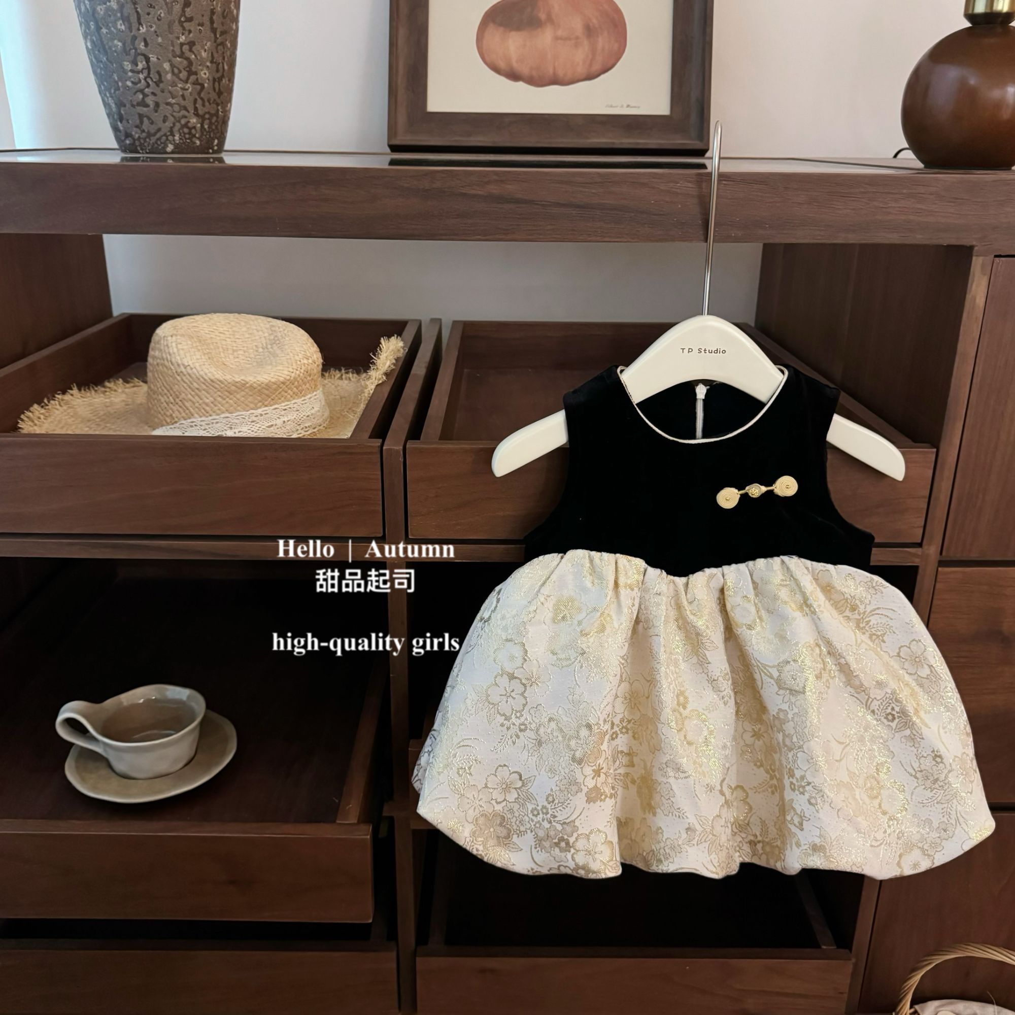 【甜品起司】黑金系列！女宝宝新中式高级感国风刺绣周岁公主裙套装