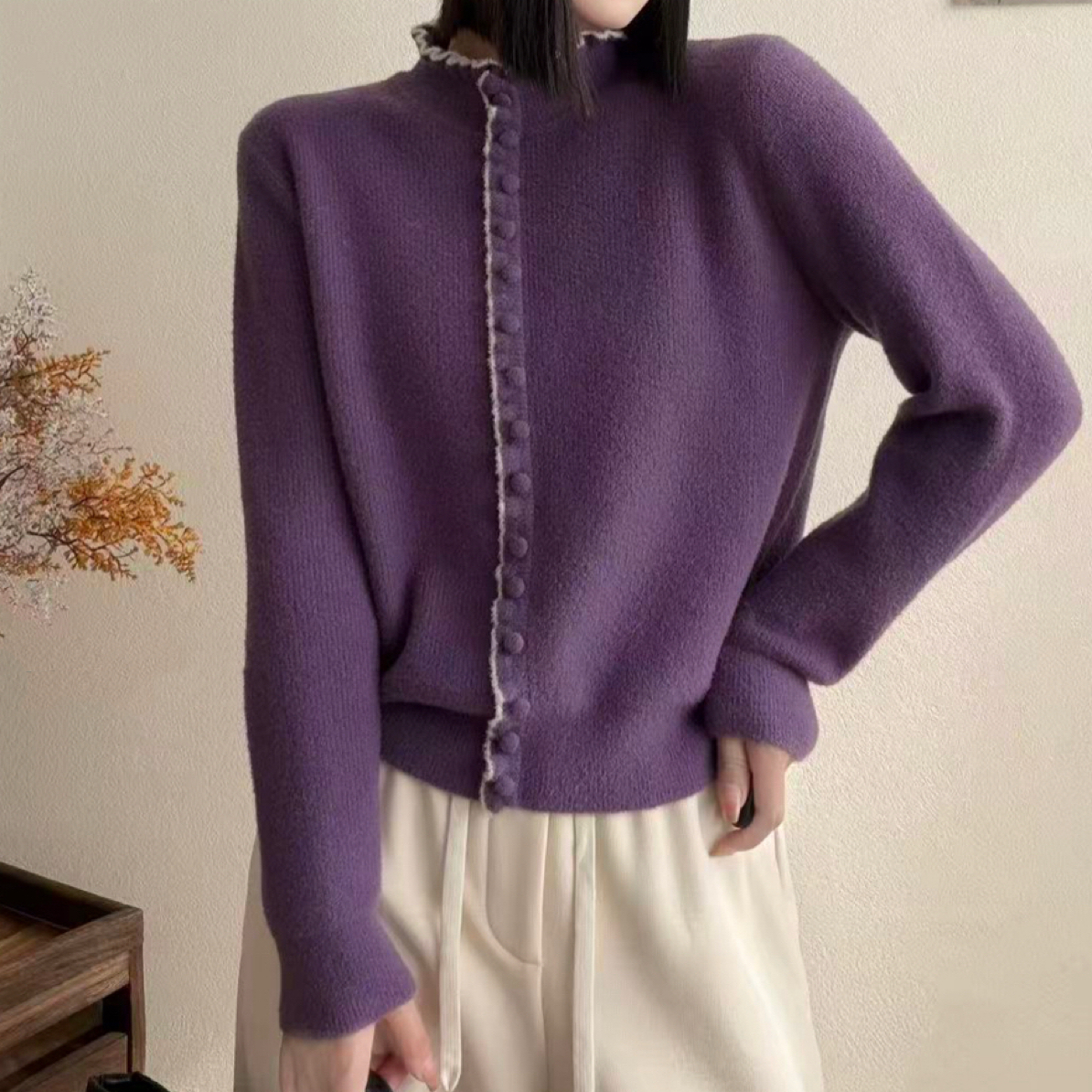 木耳边领纯色假开衫品质百搭雪尼绒