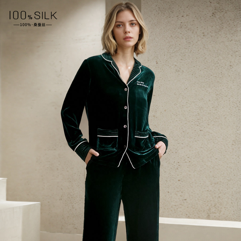 真丝睡衣女士100%桑蚕丝丝绒加厚保暖可外穿轻奢家居服套装D-9206