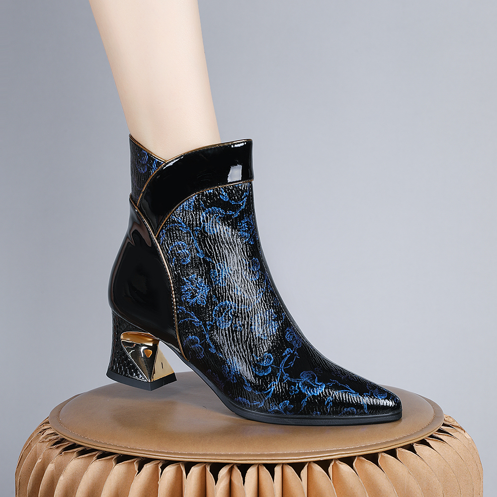 妮彩诗2025年新款通勤职场加绒真皮拉链尖头粗跟短靴时尚绒里8856