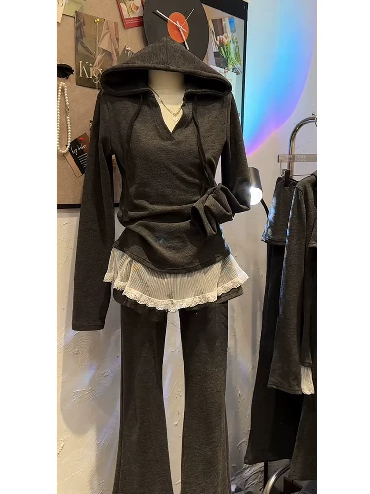 2025年新款女装早春季穿搭一整套高级感休闲运动灰色卫衣两件套装