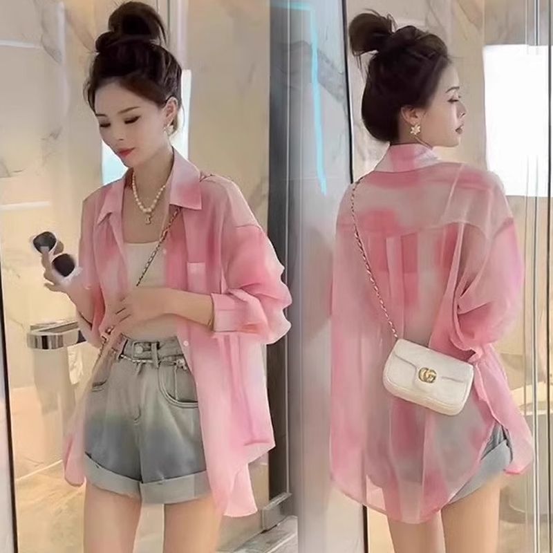 防晒衬衣女夏季新款甜美多巴胺流沙粉长袖中长款宽松休闲洋气衬衫