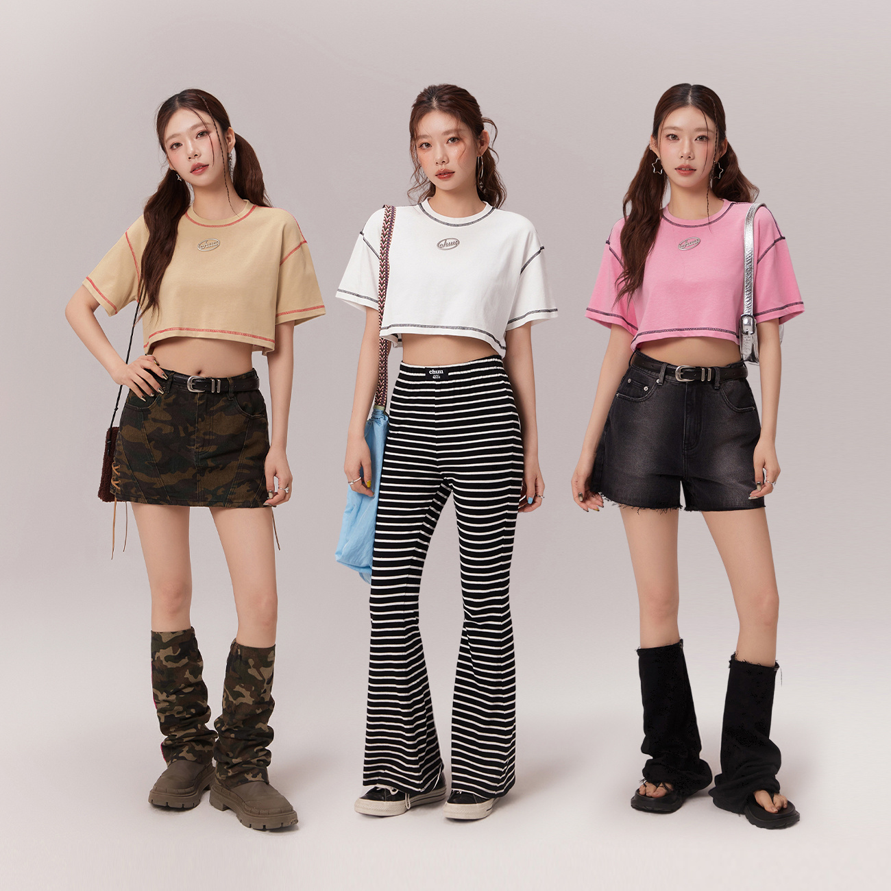 AD033【金拐子专属】CHUU夏季女装明线撞色宽松学院风百搭T恤-F