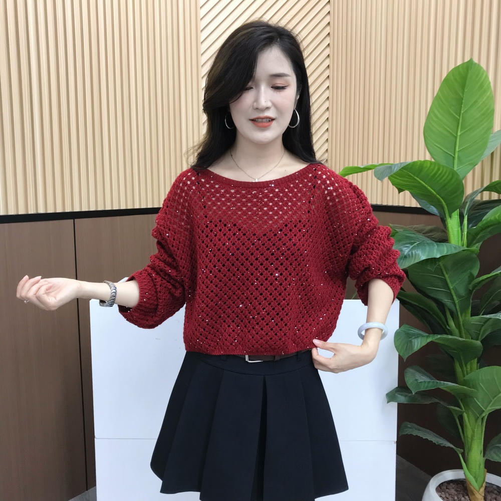 韩系镂空衫斜肩长袖薄款短款针织衫春夏新款时尚宽松显瘦防晒罩衫