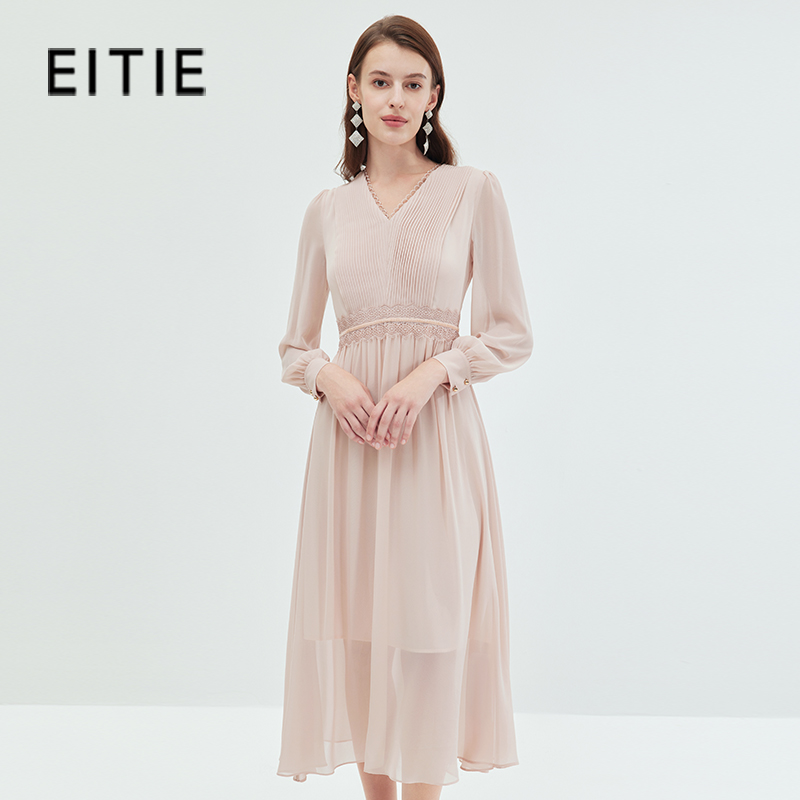 EITIE/爱特爱【欧若风】温柔气质V领显瘦法式优雅长连衣裙C2307248