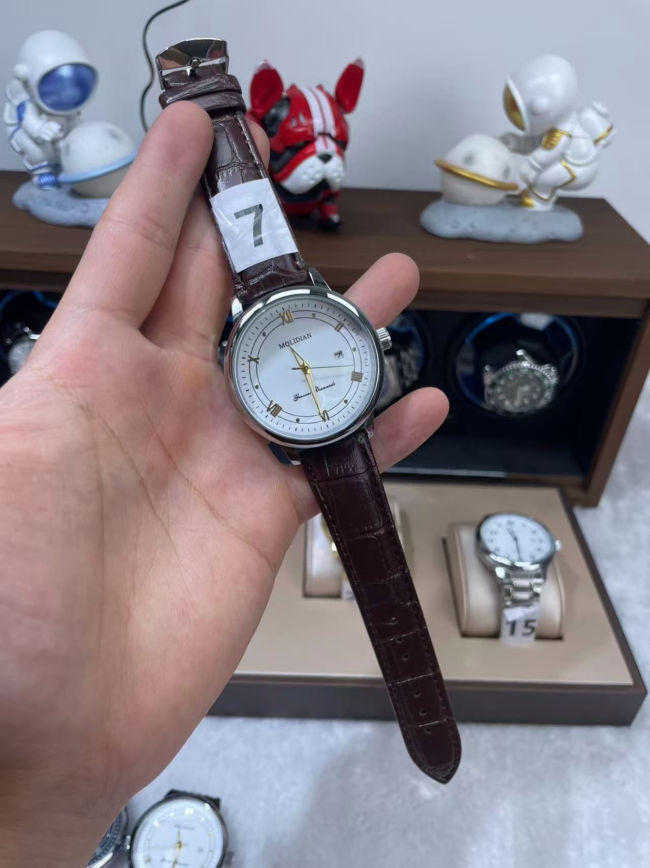 A11蝶飞白面棕皮带-MOLIDIAN腕表夜光大表盘高档简约商务男士手表