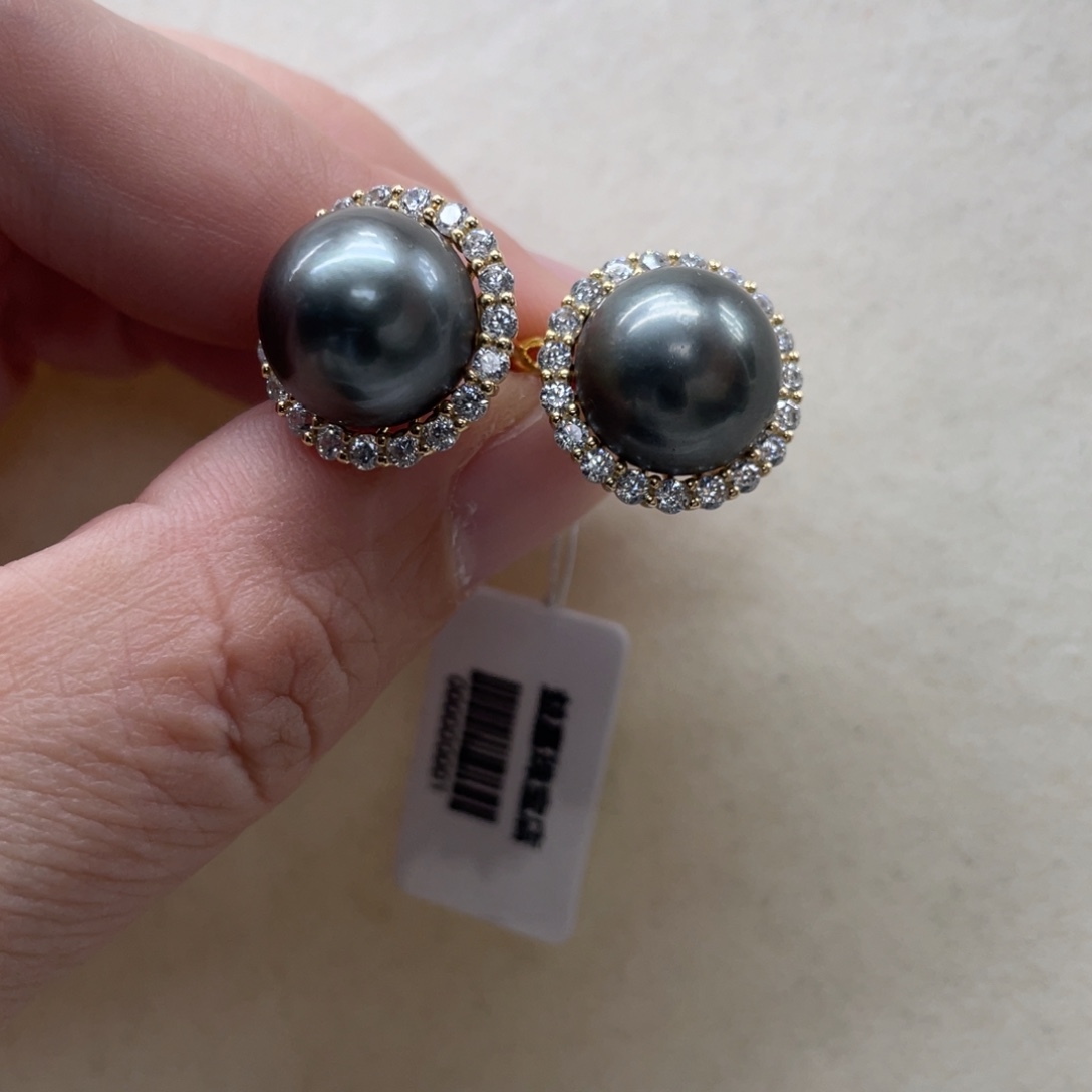 海水珍珠耳饰银S925镶嵌11-12mm