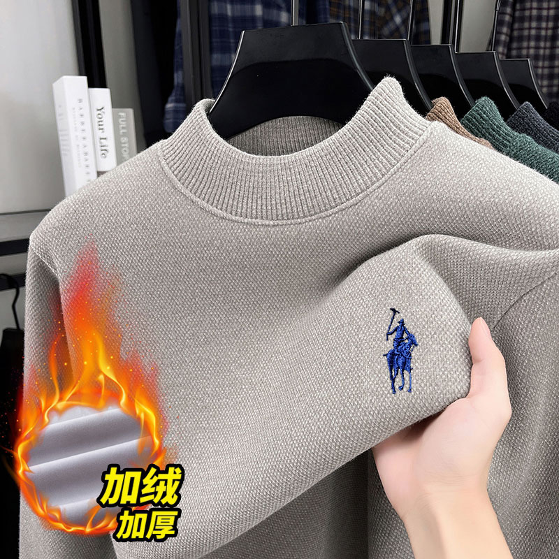【一体绒PRO】冬季圆领男士加绒加厚雪貂保暖针织毛衣半高领男休闲