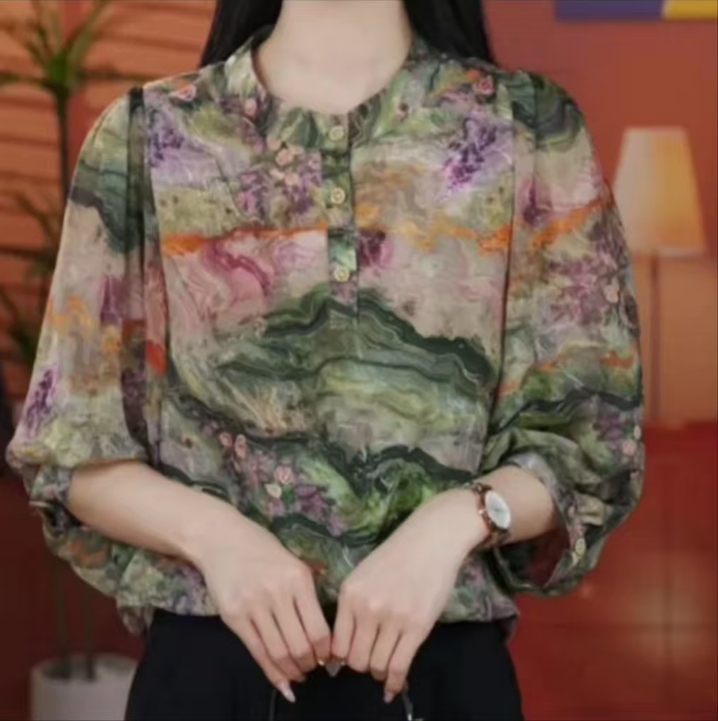 2025年春夏新款宽松显瘦气质显瘦印花衬衫