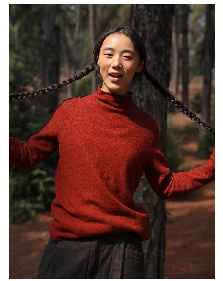 云雾里 原创设计3164复古文艺松弛感随性宽松大气针织高领长袖T