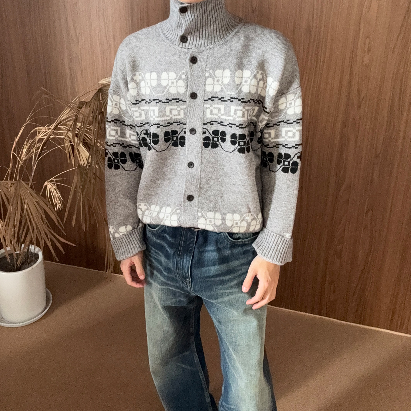 NETU【花卉费尔岛元素提花】老钱风复古开衫毛衣男冬季加厚针织衫