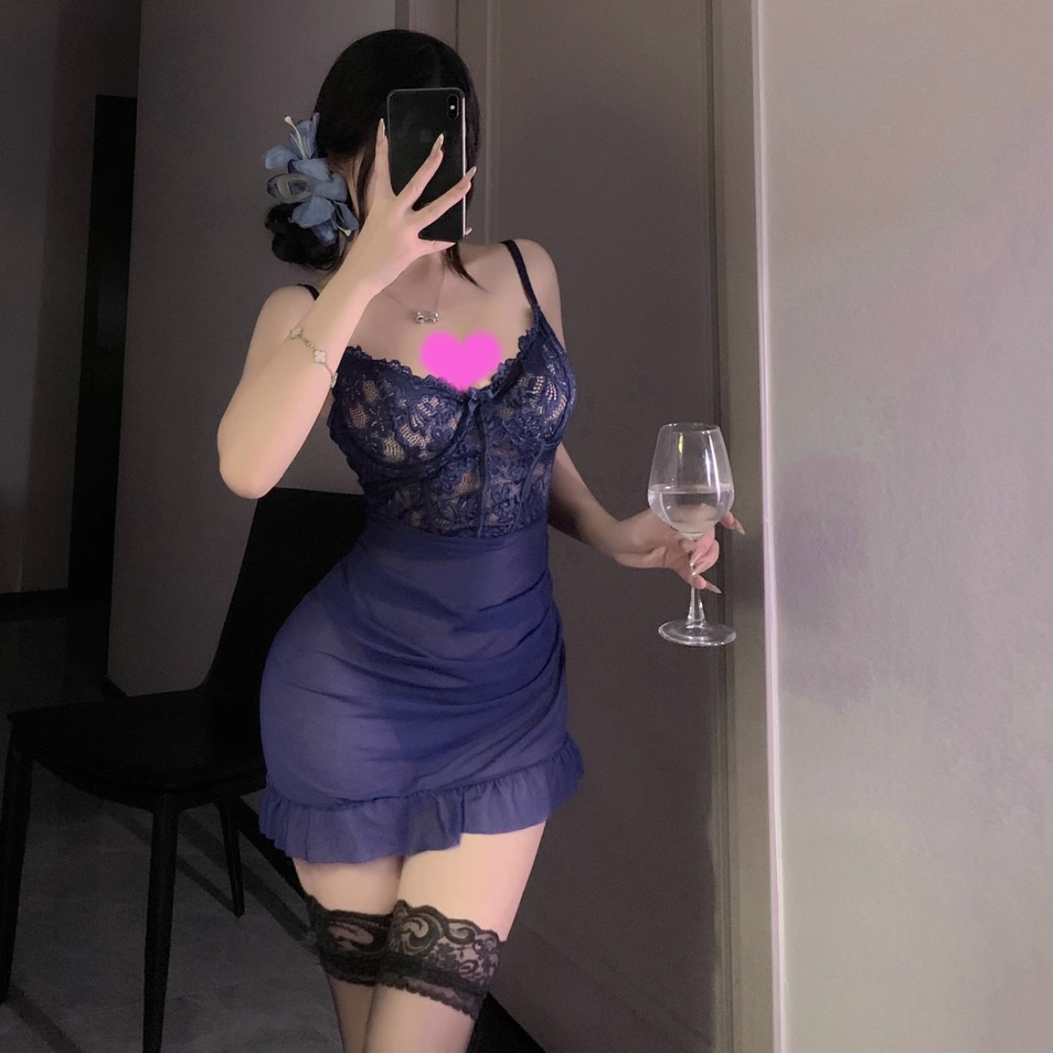 密浪【蓝色情调】80-160大码新款时尚镂空钢圈蕾丝花边吊带包臀裙