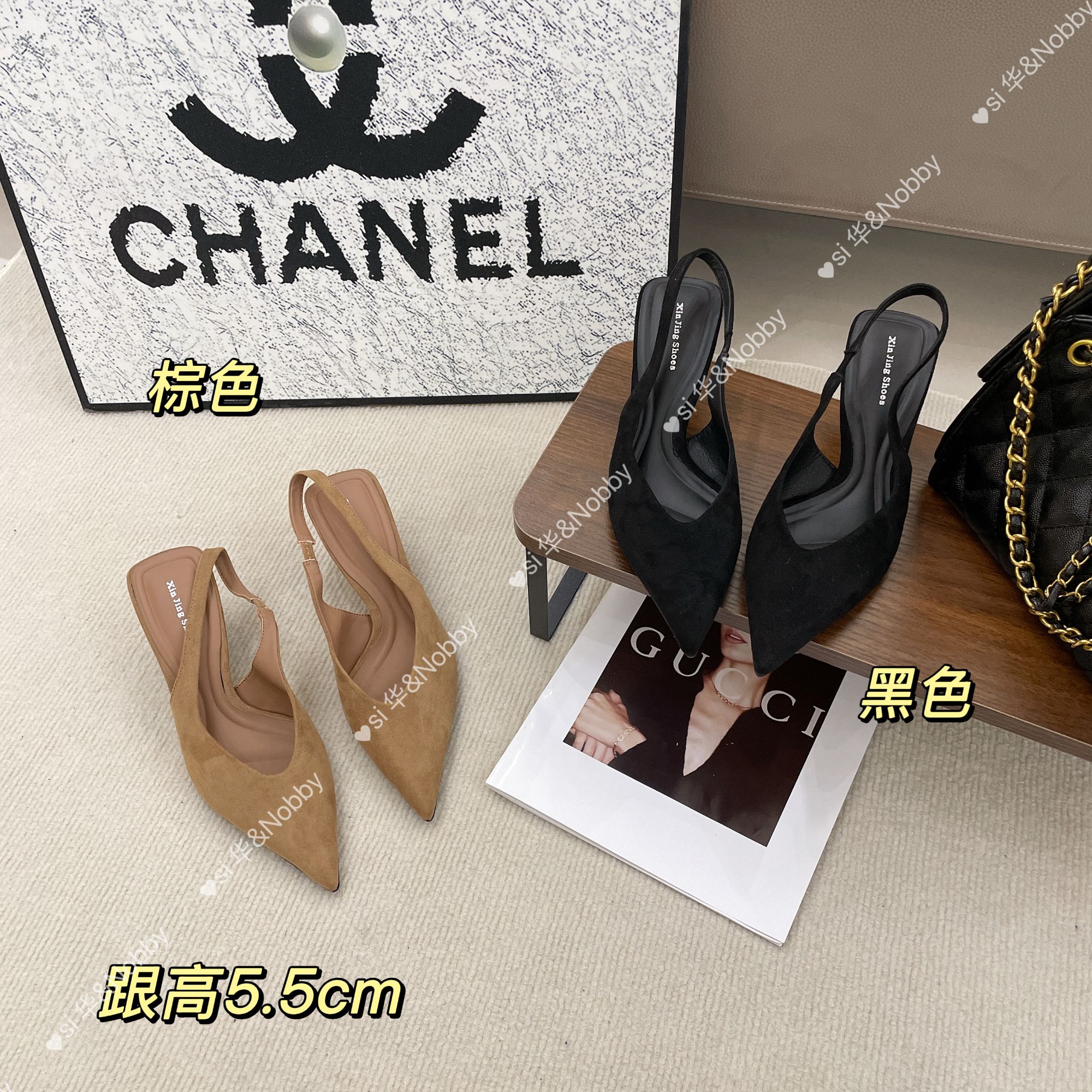 【Si&华严选】法式凉鞋绒面尖头气质细高跟鞋高级后空单鞋623-12