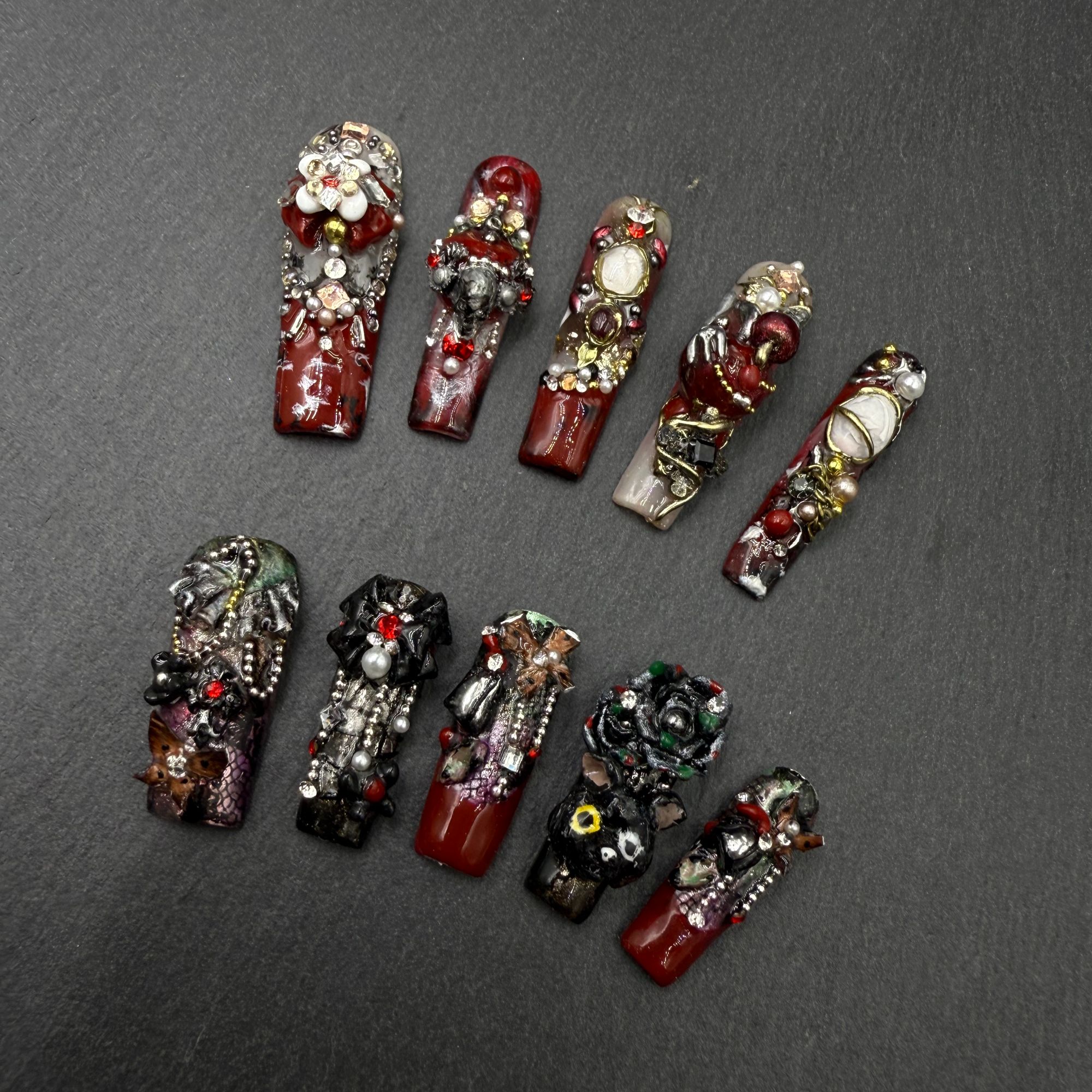 【Dandan出品】绯黑  纯手工小众穿戴甲贴片重工设计款