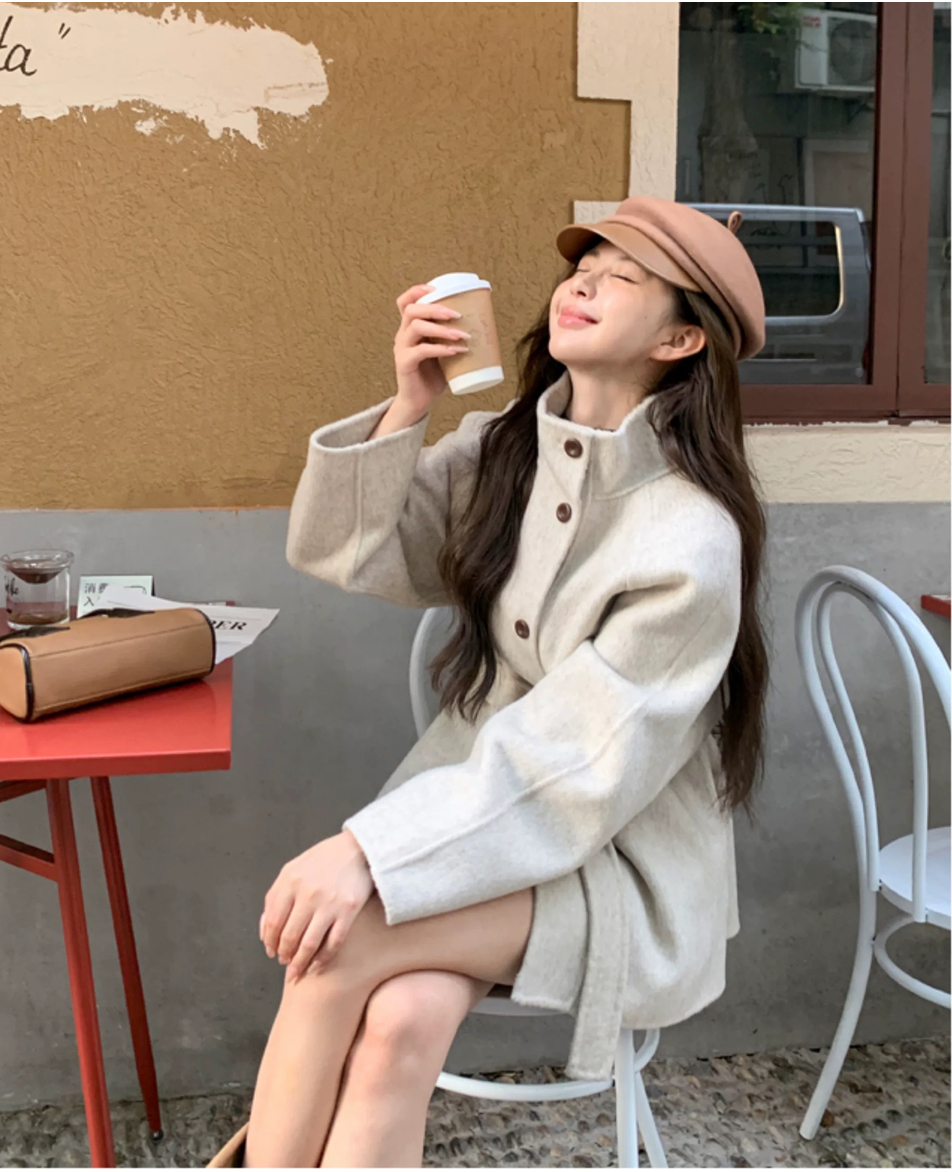 【24122短款】立领单排扣腰带显瘦短款毛呢外套女