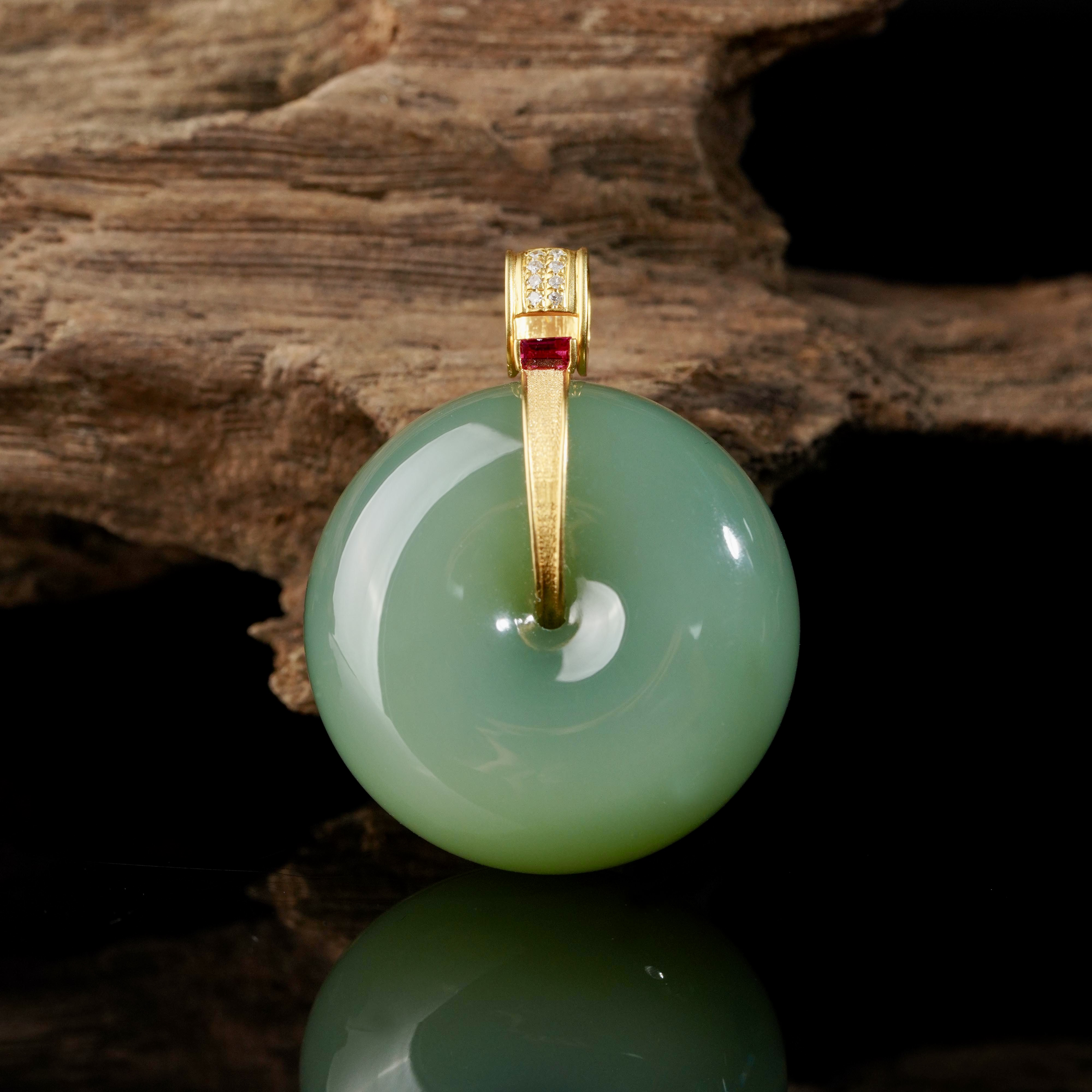 【鹿鸣】18k金和田玉粉青平安扣吊坠 24.8*13mm不含链 D45