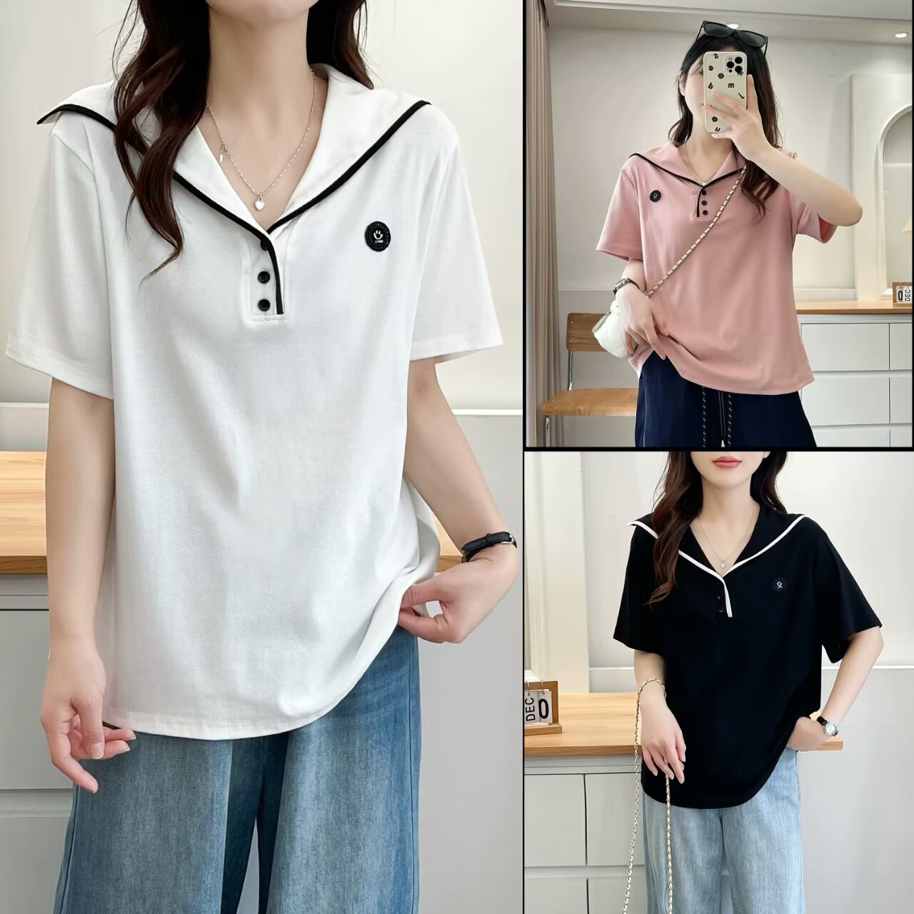 寒苏--110-200斤大码女装夏季百搭显瘦洋气撞色设计感海军领短袖