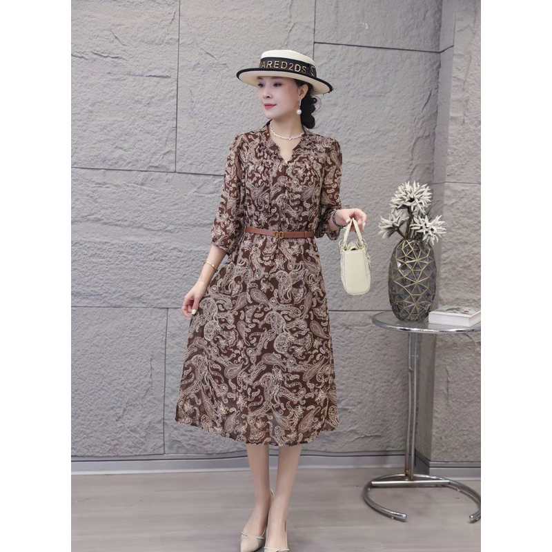 Z606[凤舞]韩版时尚轻奢亲肤透气中长款连衣裙条纹气质显瘦