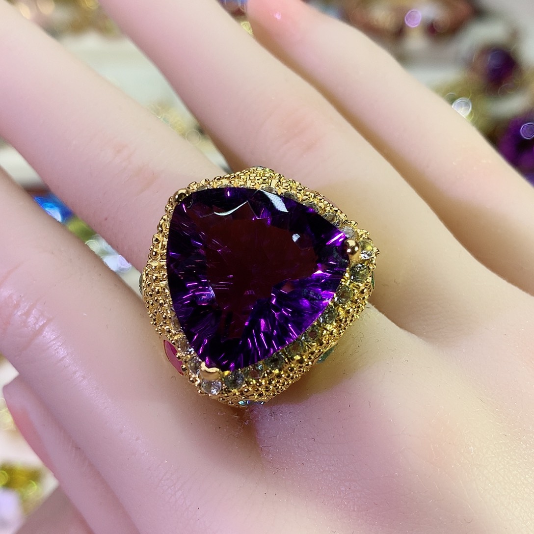 紫晶戒指银S925镀金镶嵌