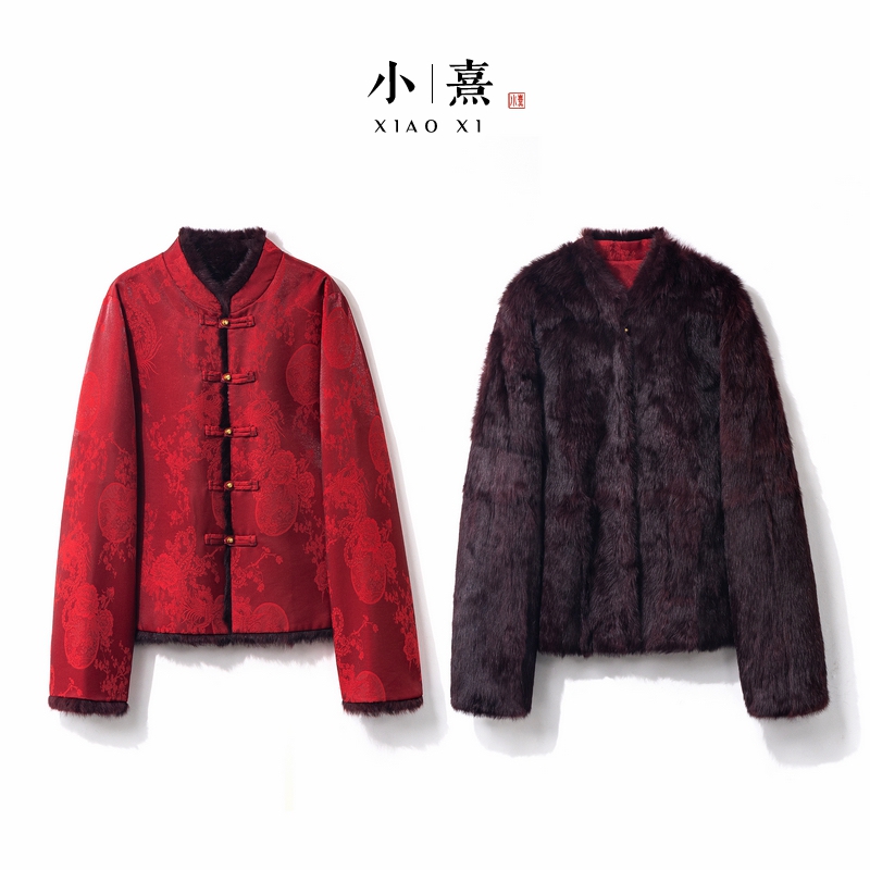 【凤瑾】冬季2025新款双面双穿新中式上衣女装宽松国风兔毛提花外套