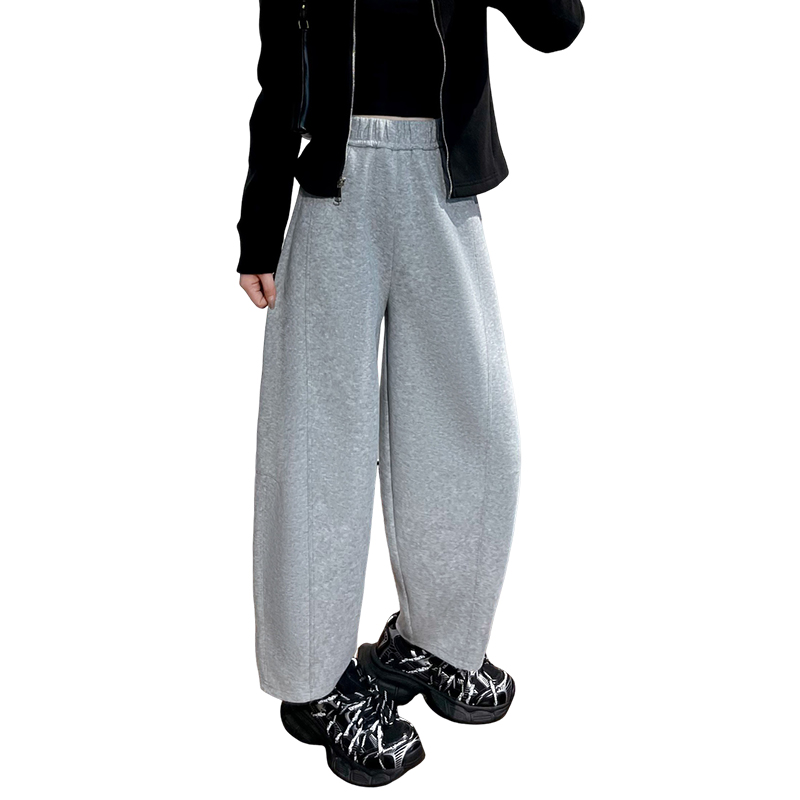 2025新款秋冬季小个子裤子高腰加绒运动气球裤宽松显瘦灰色阔腿裤