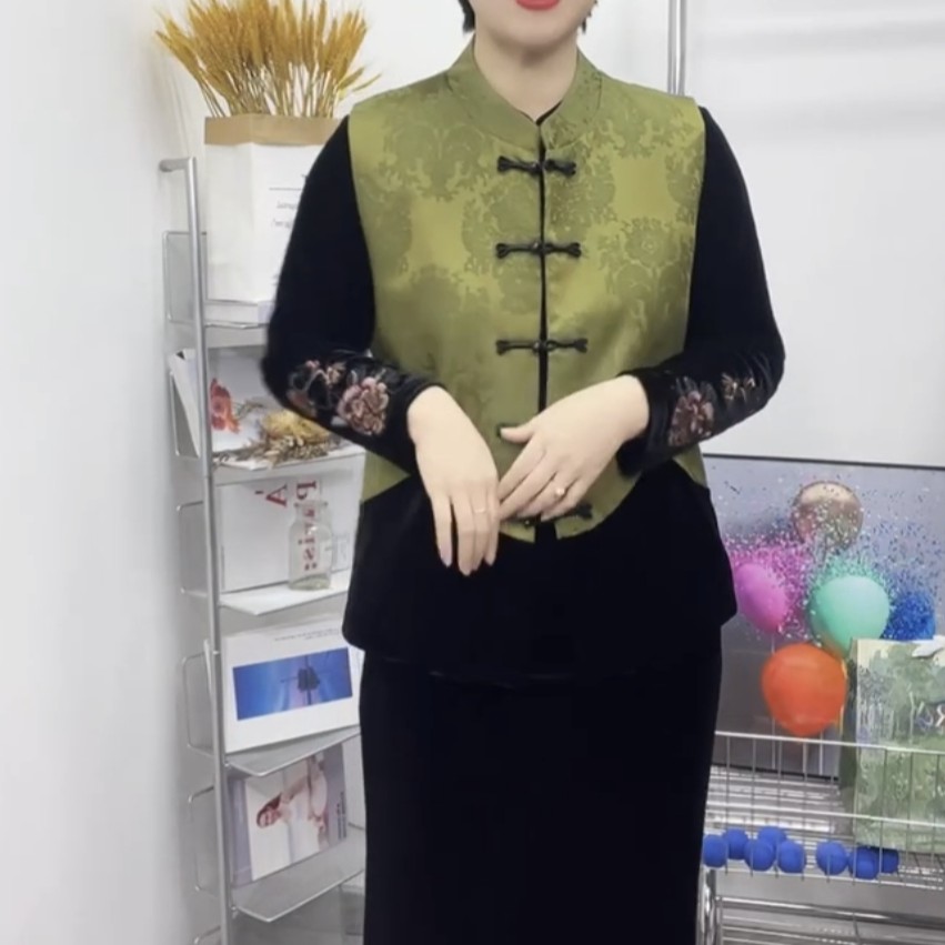 （青花瓷）马甲立领提花宽松型拼接秋季中国风唐装气质时尚百搭