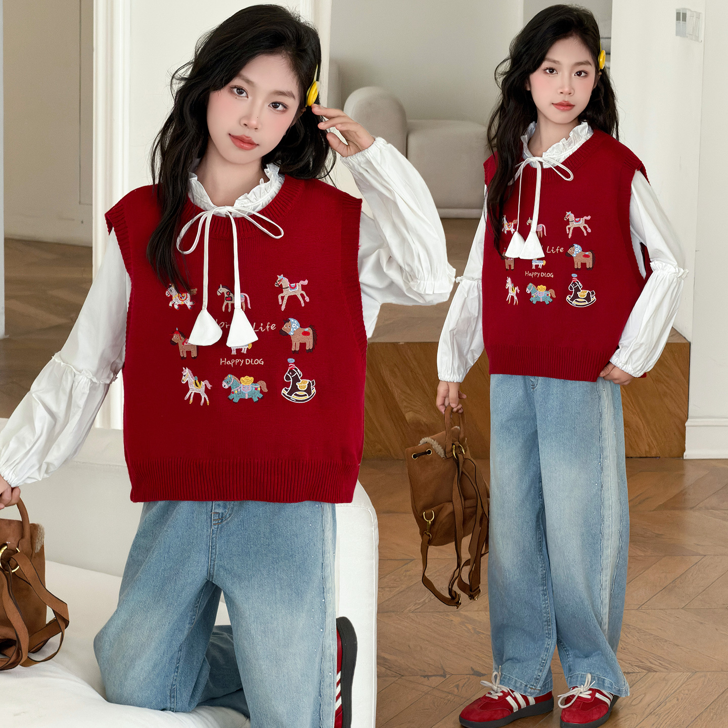 女童春装新款长袖衬衫毛衣马甲两件套过年红色喜庆新年衣服内搭潮