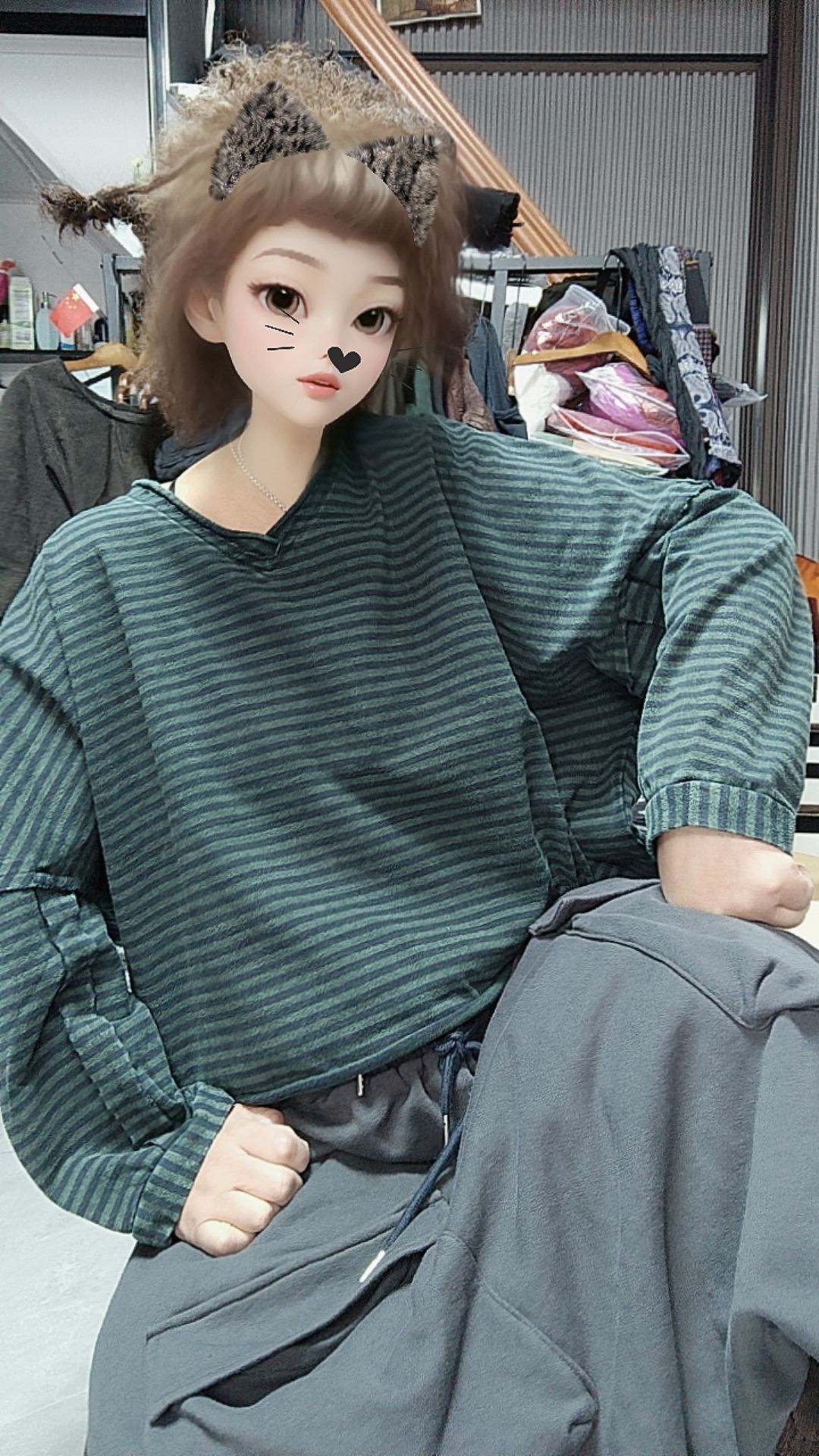 无吊牌水洗做旧V领宽松版短条纹T恤