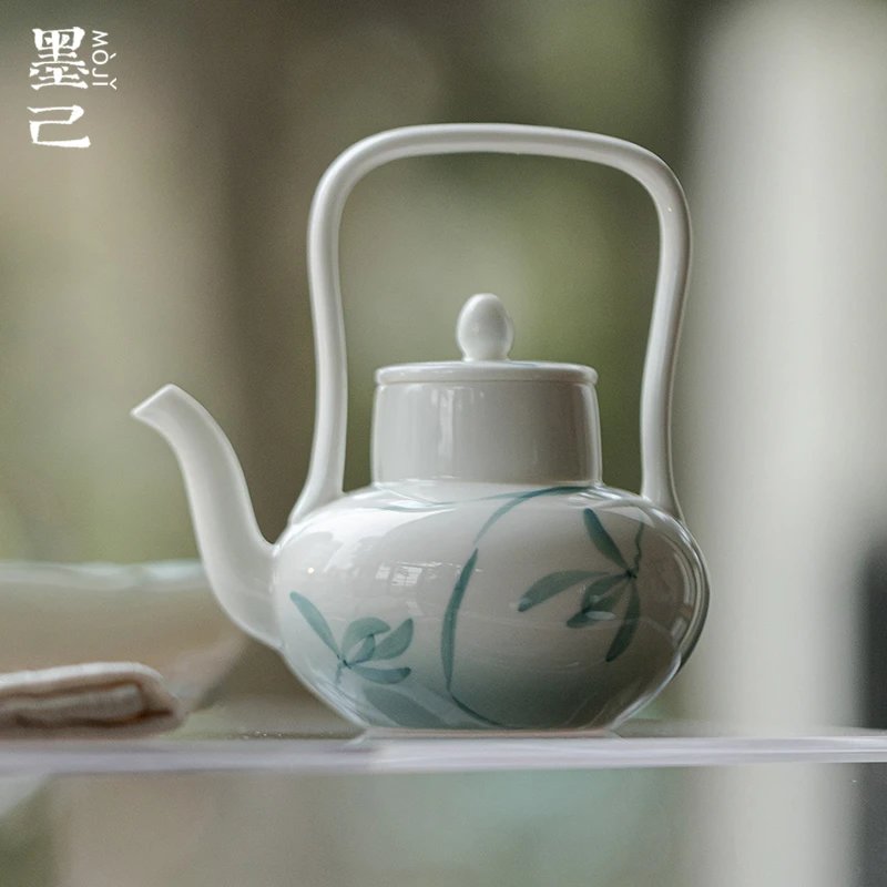 墨己玉泥宁蓝兰静纯手绘兰花带球孔过滤嘴提梁壶茶壶雅致手执壶