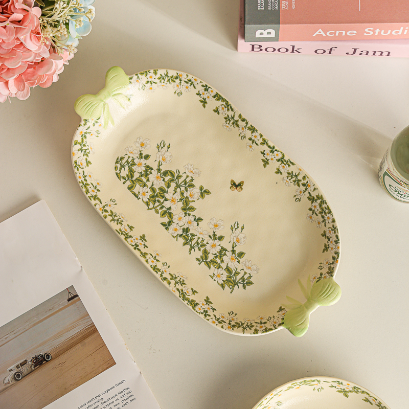 家用陶瓷餐具美二烧釉下彩蔷薇蝶语13.5英寸双耳竹柄鱼盘长方盘