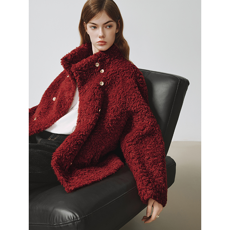 独束大码【微醺热红酒】仿皮草毛绒外套冬保暖上衣25DS84590