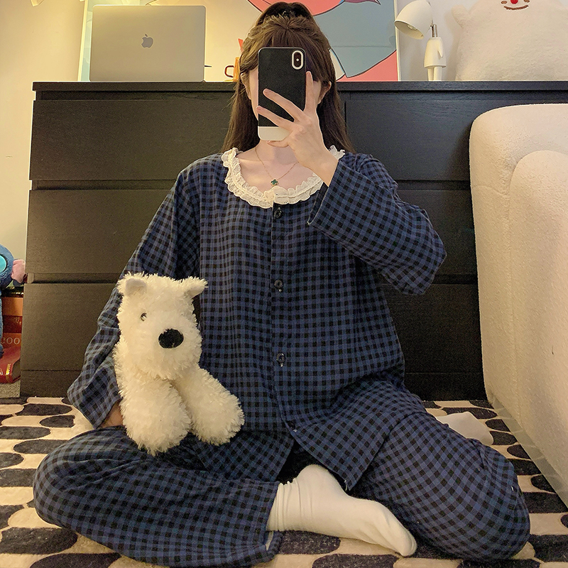 宽松大码蕾丝格子睡衣女款爆款2025新款春秋季甜美休闲家居服套装