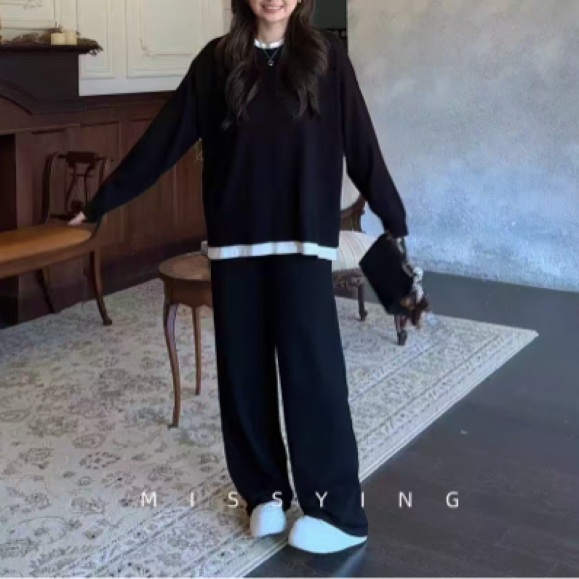 大码女装春季新款假两件阔腿裤套装