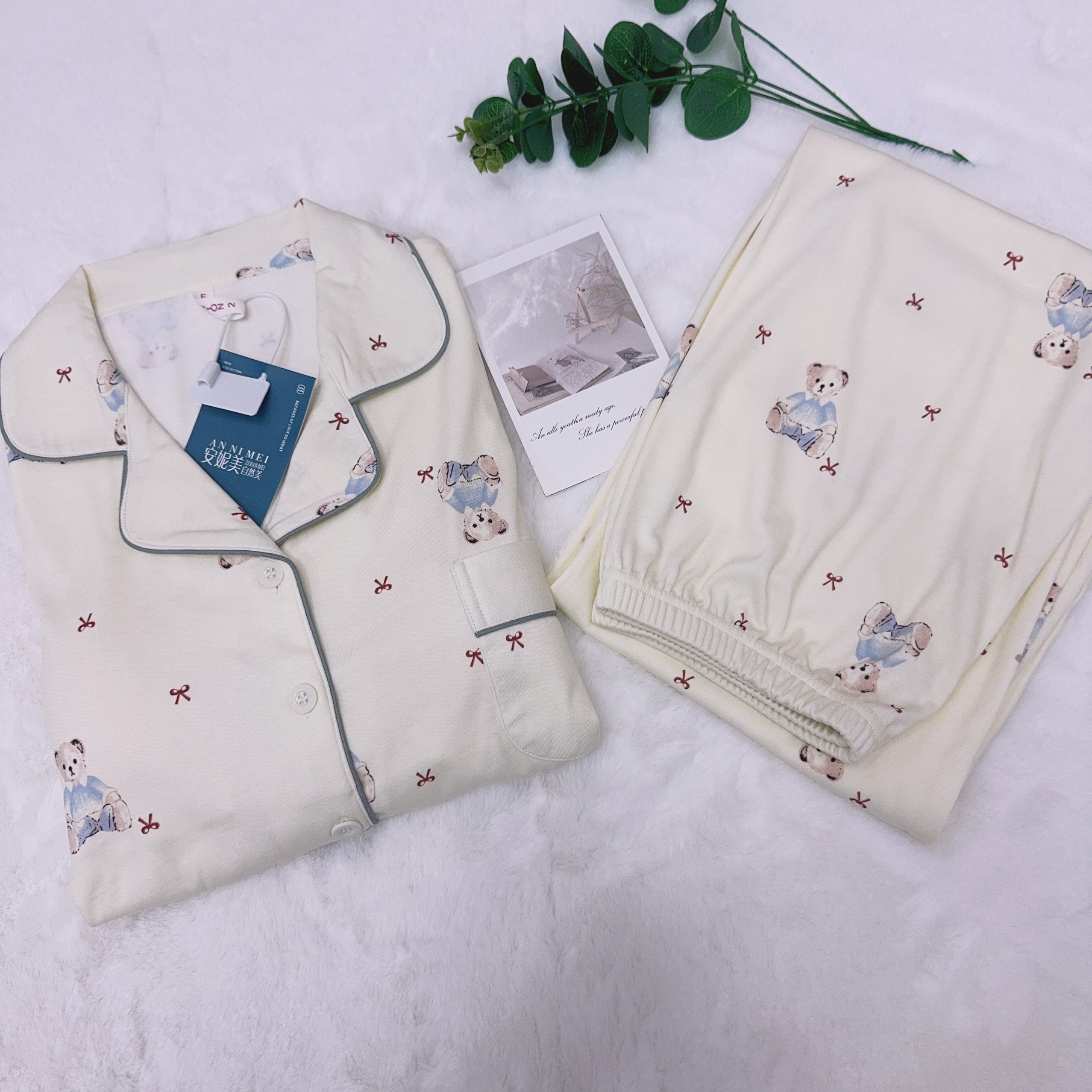 050#秋冬双面加厚100%蝴蝶熊长袖带胸垫女士开衫睡衣套装家居服