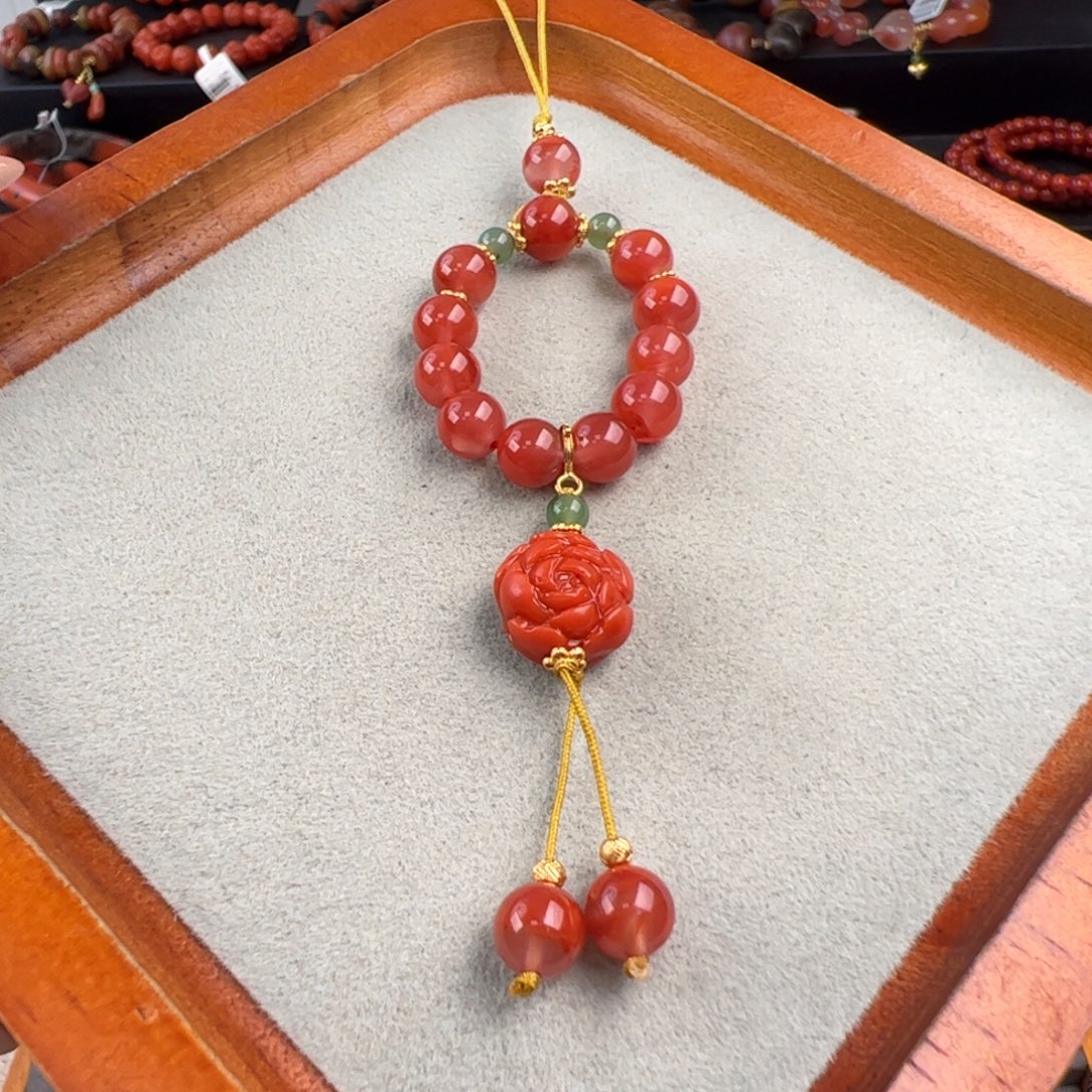 南红玛瑙银S925镶嵌（万能扣牡丹花手机挂6mm+