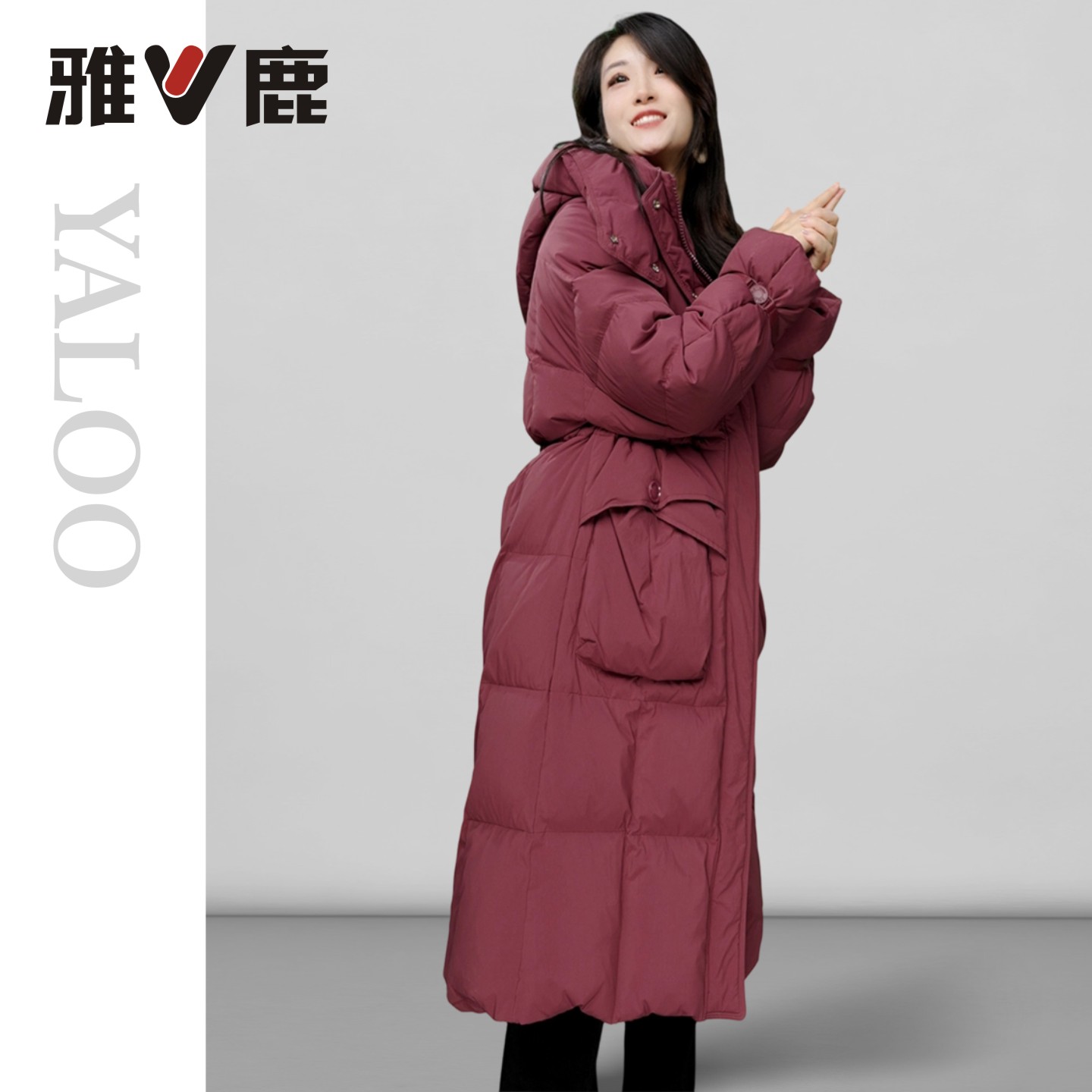 雅鹿90绒羽绒服女款爆款2025新款正品冬季加厚款收腰红色中长外套