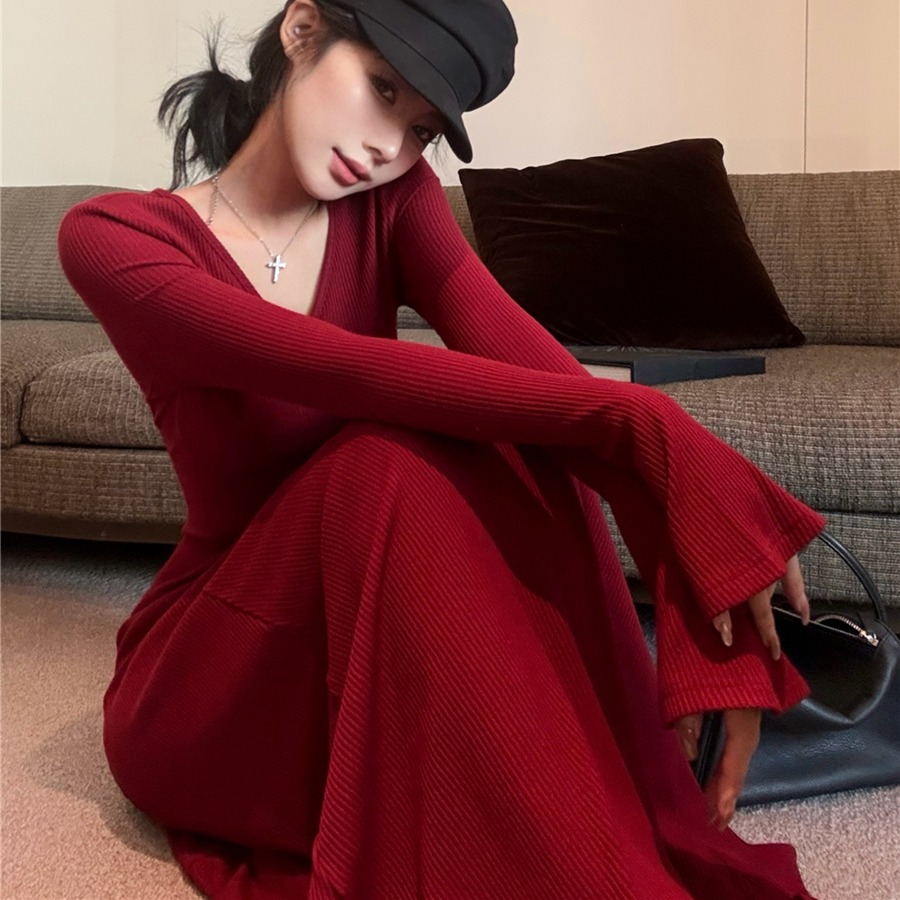 复古性感多色针织连衣裙女圣诞韩系温柔V领打底长裙子女EQ20