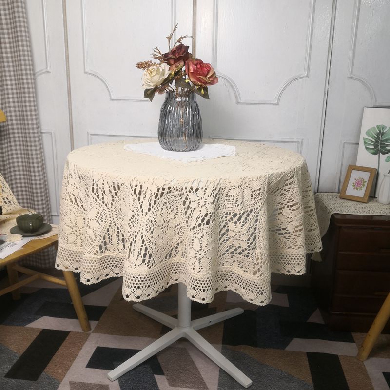 美式复古钩花蕾丝圆形桌布床头柜茶几餐桌盖布装饰