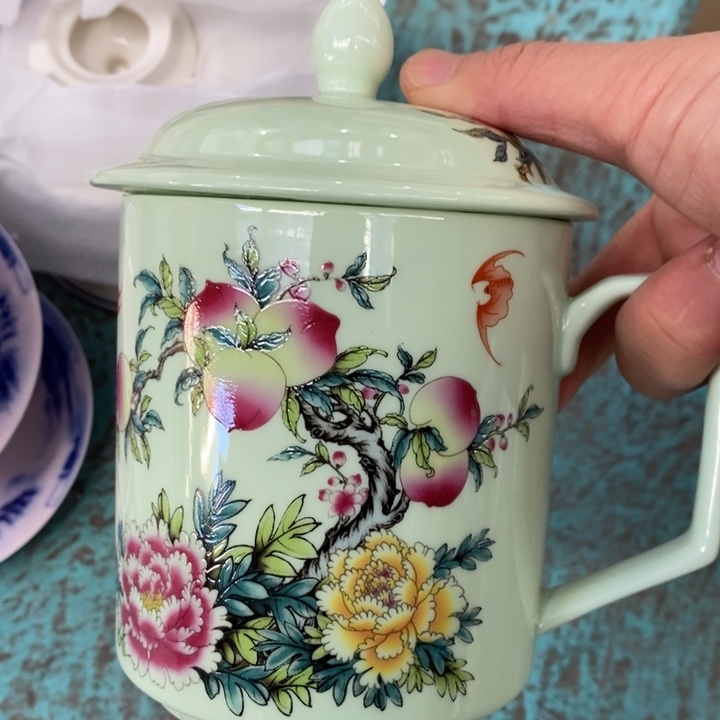 摆件陶绿稀土寿桃牡丹直筒办公杯